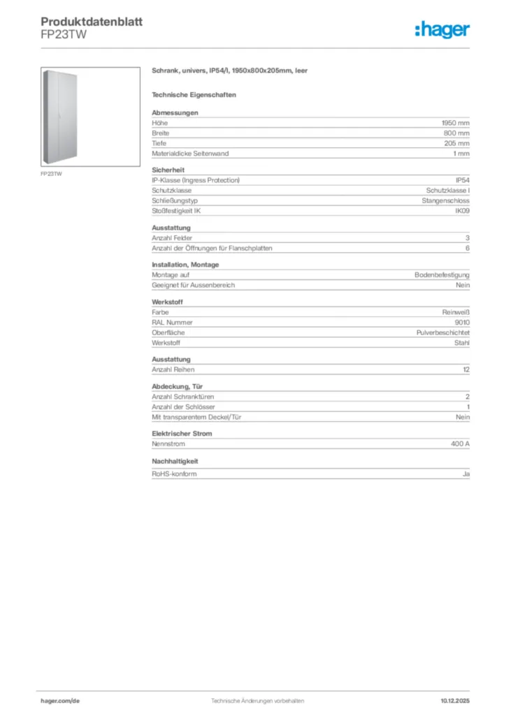 Bild Hager Produktdatenblatt FP23TW | Hager Deutschland