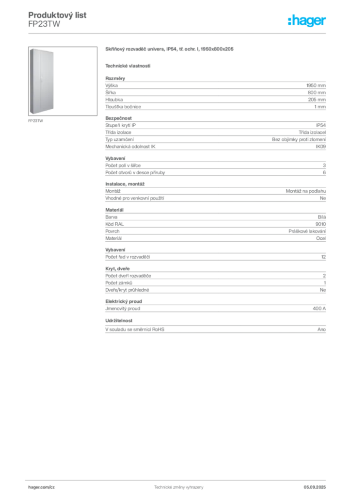 Obrázek Hager Produktový list FP23TW | Hager