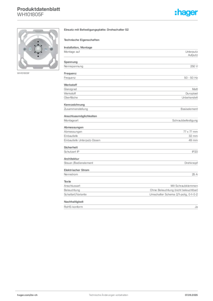 Bild Hager Produktdatenblatt WH101805F | Hager Schweiz