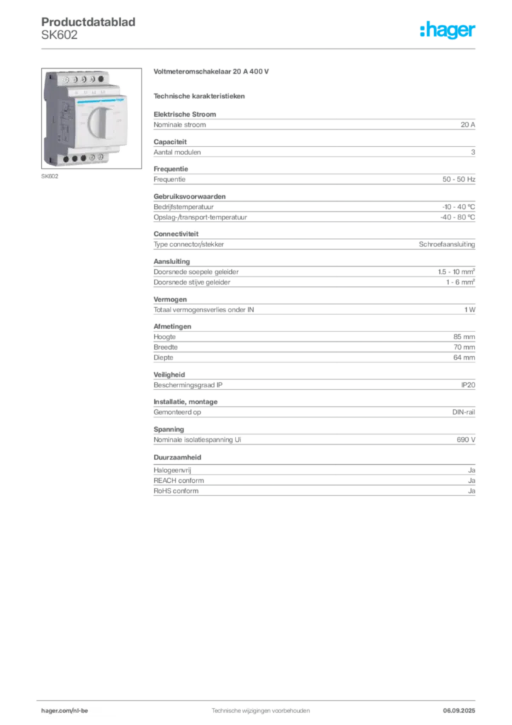 Afbeelding Hager Productdatablad SK602 | Hager Belgium