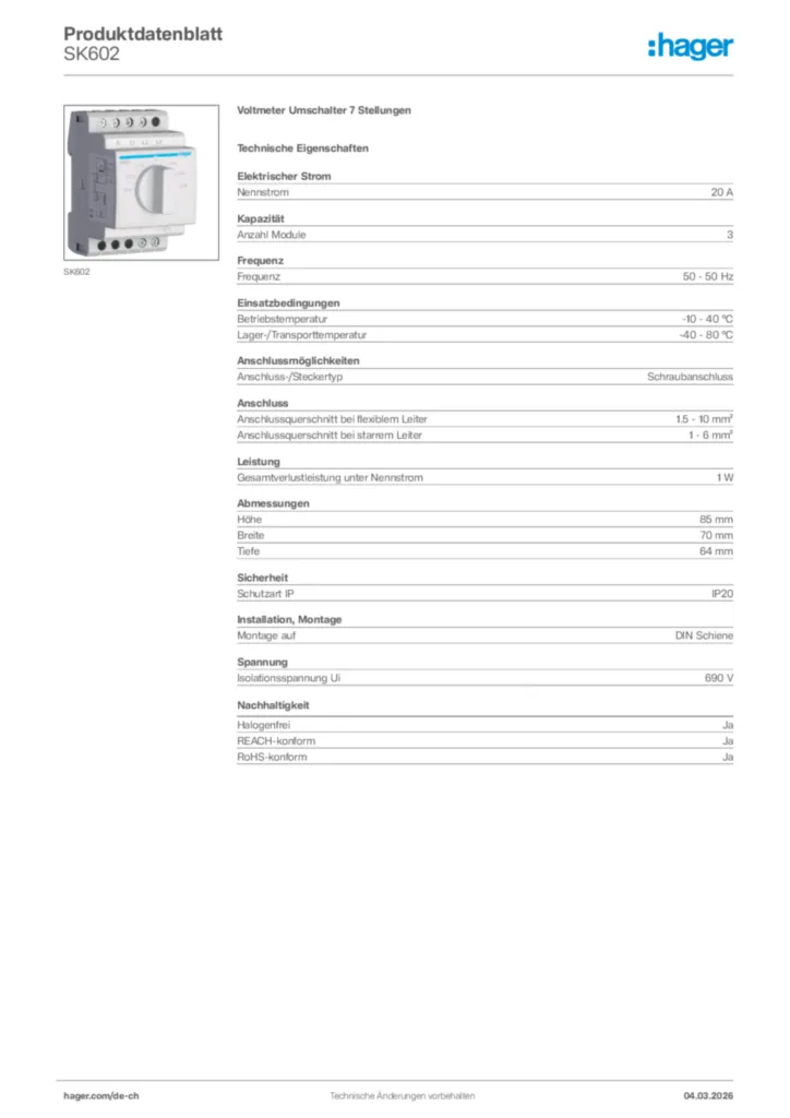 Bild Hager Produktdatenblatt SK602 | Hager Schweiz