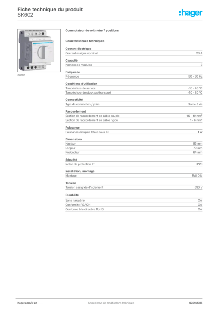 Image Hager Fiche technique du produit SK602 | Hager Suisse