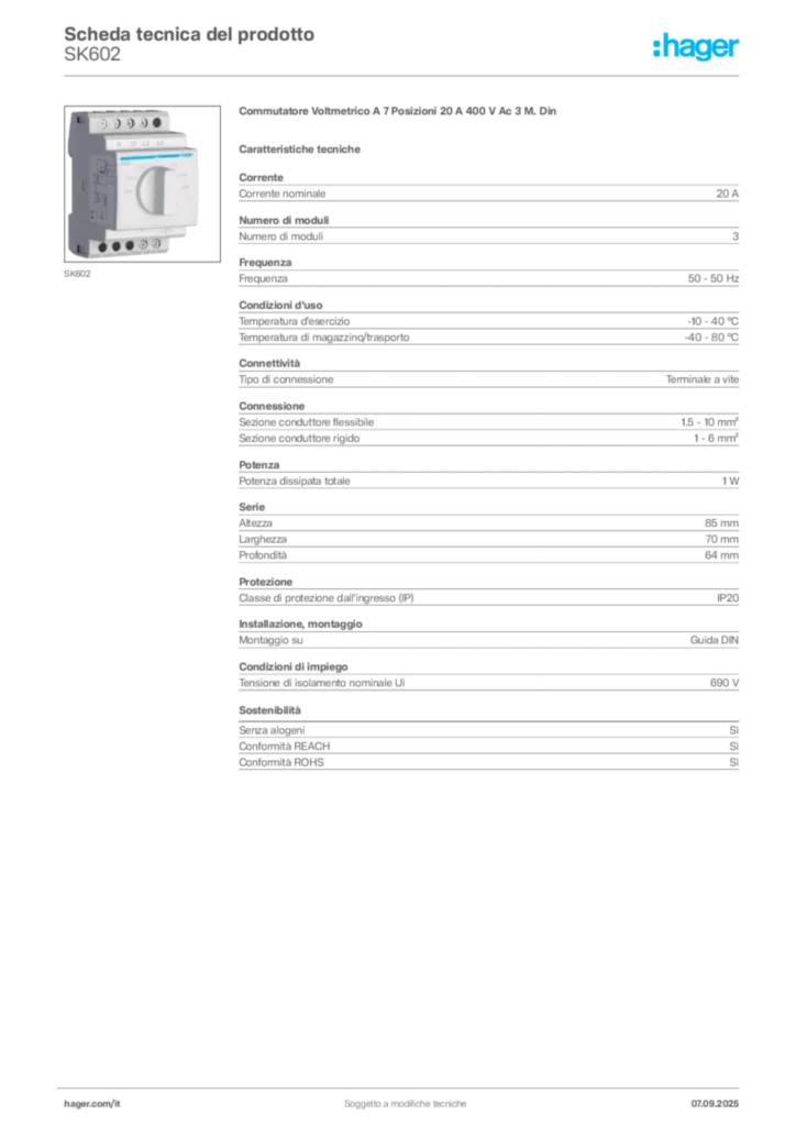 Immagine Hager Scheda tecnica del prodotto SK602 | Hager Italia
