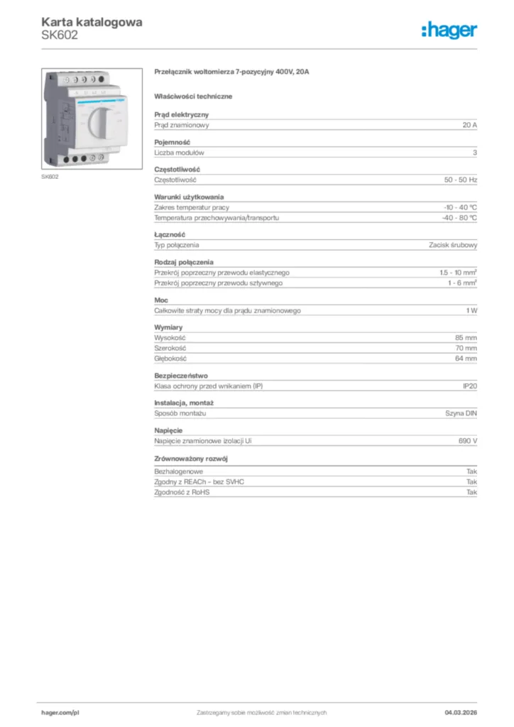 Zdjęcie Hager Karta katalogowa SK602 | Hager Polska