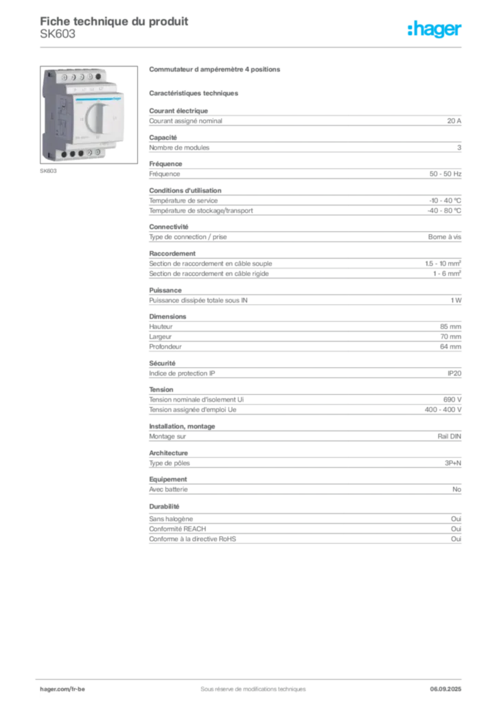 Image Hager Fiche technique du produit SK603 | Hager Belgique