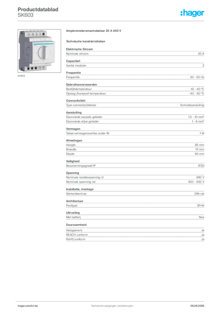 Afbeelding Hager Productdatablad SK603 | Hager Belgium