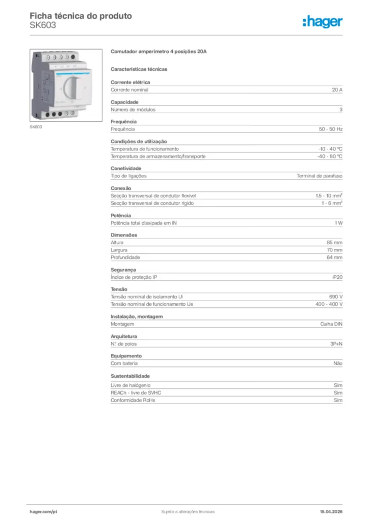 Imagem Hager Ficha técnica do produto SK603 | Hager Portugal