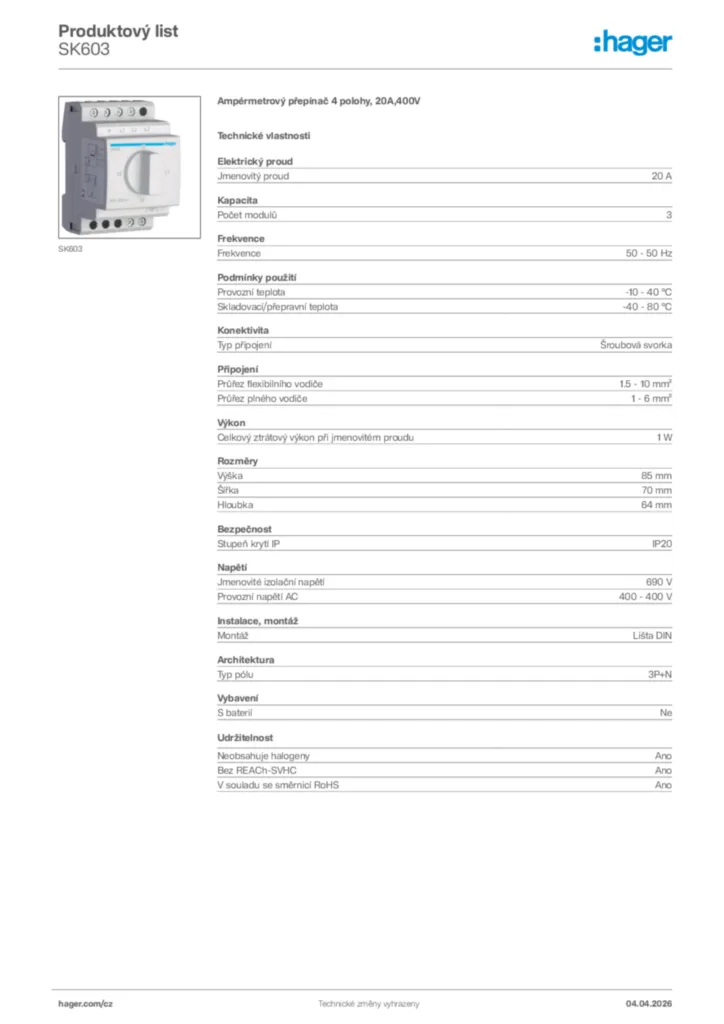 Obrázek Hager Product data sheet SK603 | Hager