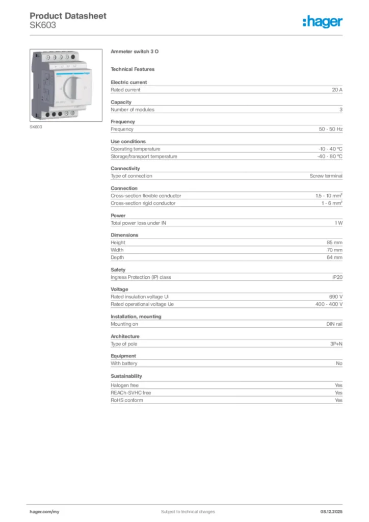 Image Hager Product data sheet SK603  | Hager