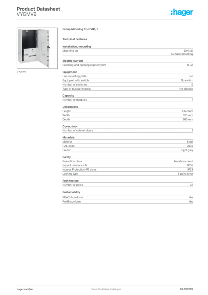 Image Hager Product data sheet VYGMV9  | Hager Australia