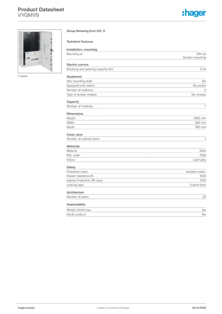 Image Hager Product data sheet VYGMV9  | Hager Australia