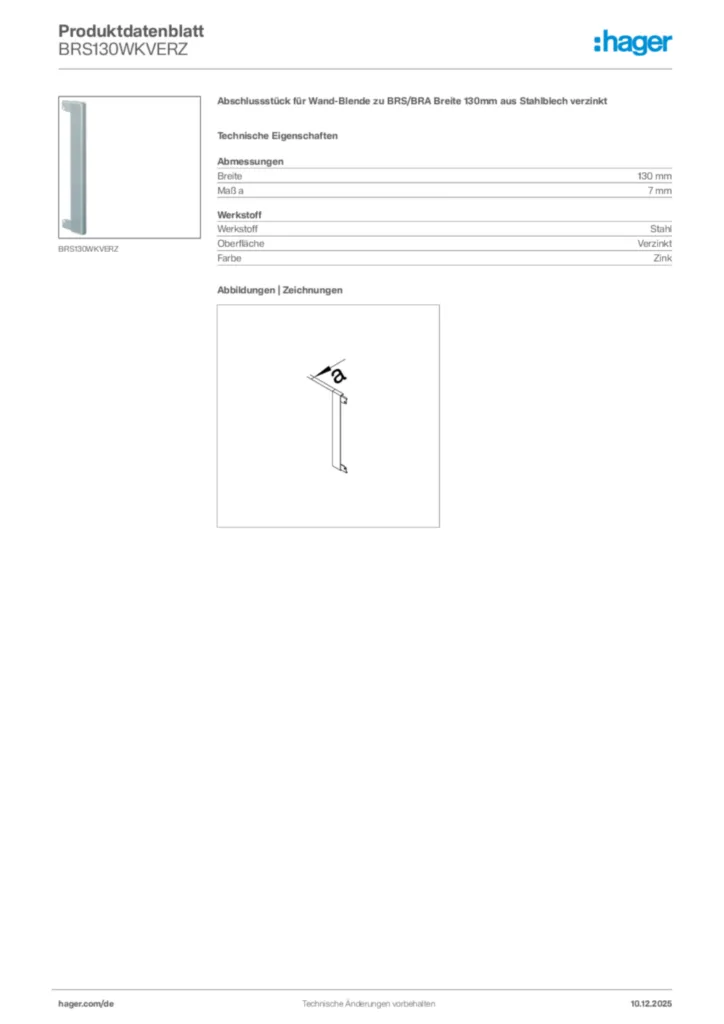 Bild Hager Produktdatenblatt BRS130WKVERZ | Hager Deutschland