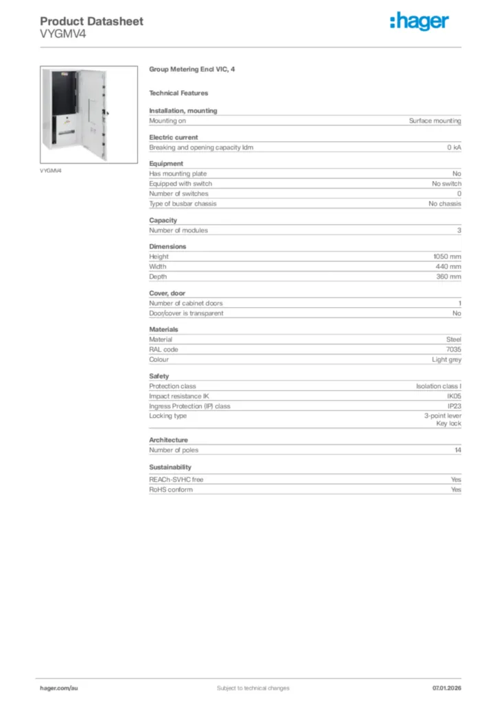 Image Hager Product data sheet VYGMV4  | Hager Australia