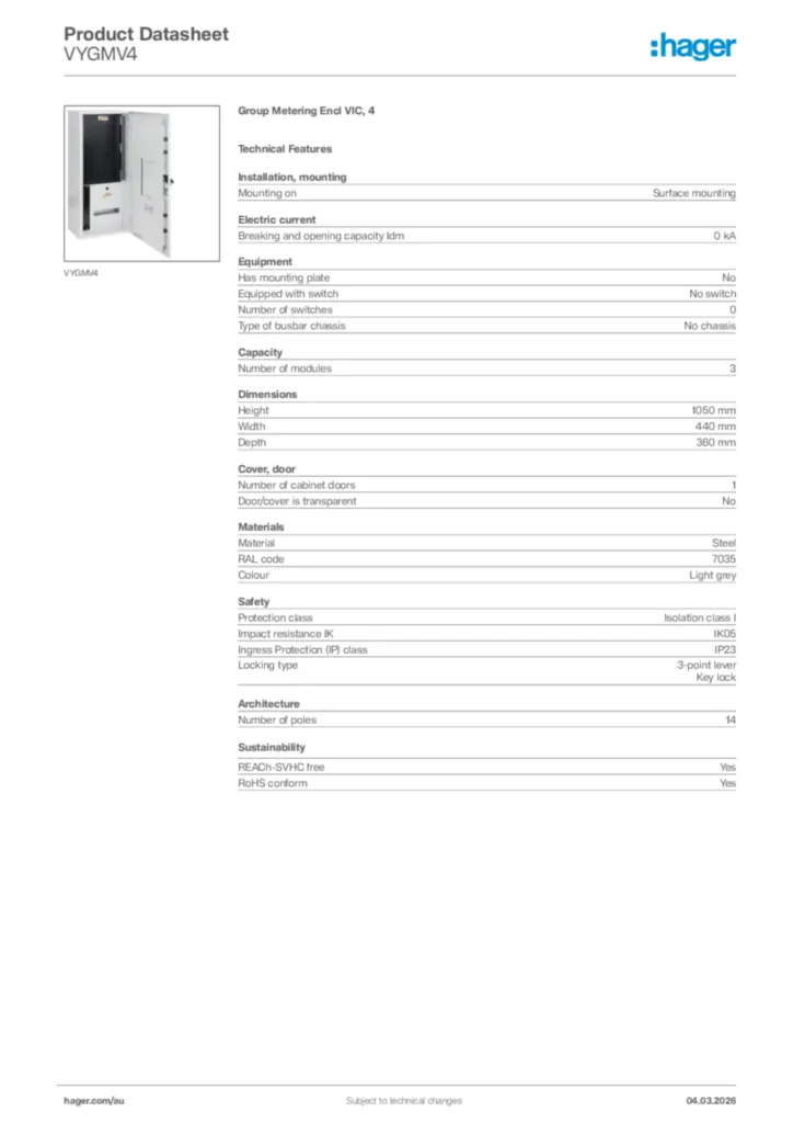 Image Hager Product data sheet VYGMV4  | Hager Australia