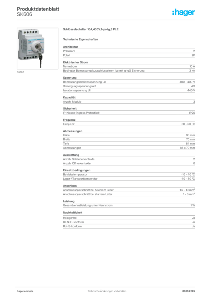 Bild Hager Produktdatenblatt SK606 | Hager Deutschland