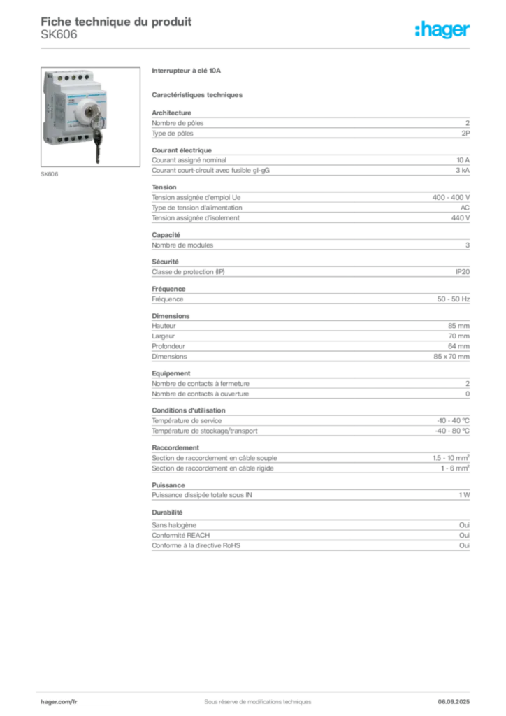 Image Hager Fiche technique du produit SK606 | Hager France