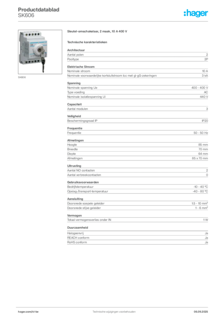 Afbeelding Hager Productdatablad SK606 | Hager Belgium