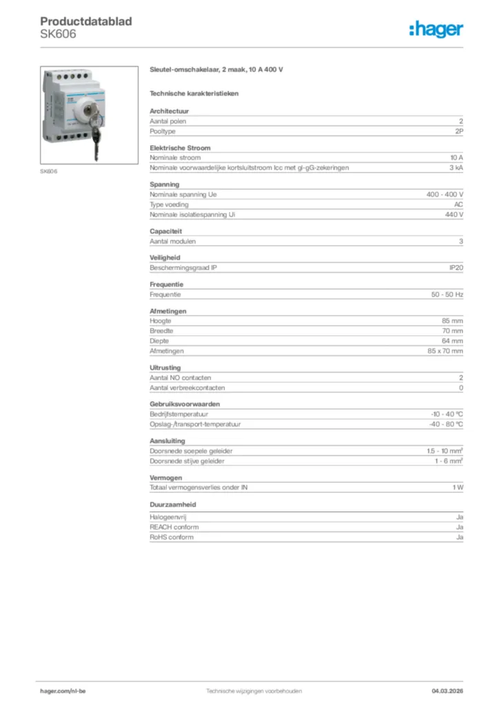 Afbeelding Hager Productdatablad SK606 | Hager Belgium