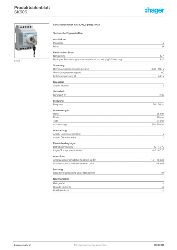 Bild Hager Produktdatenblatt SK606 | Hager Schweiz