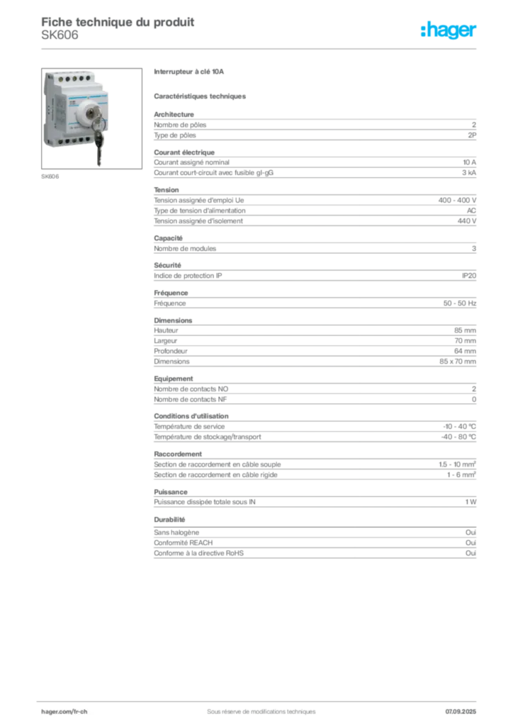 Image Hager Fiche technique du produit SK606 | Hager Suisse