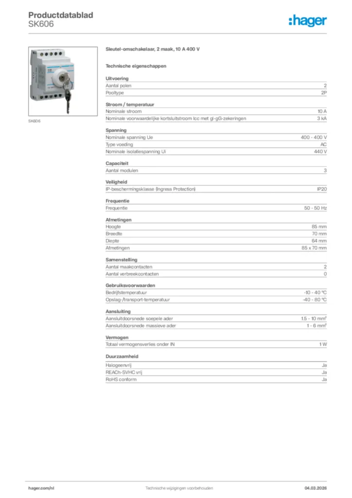 Afbeelding Hager Productdatablad SK606 | Hager Nederland