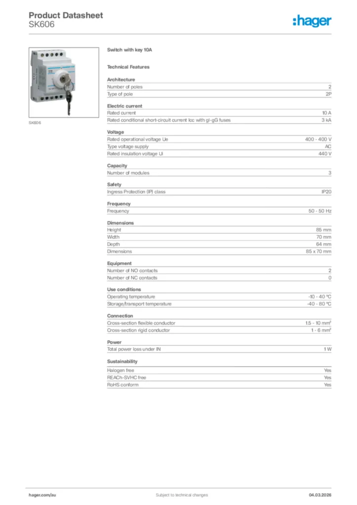 Image Hager Product data sheet SK606  | Hager Australia