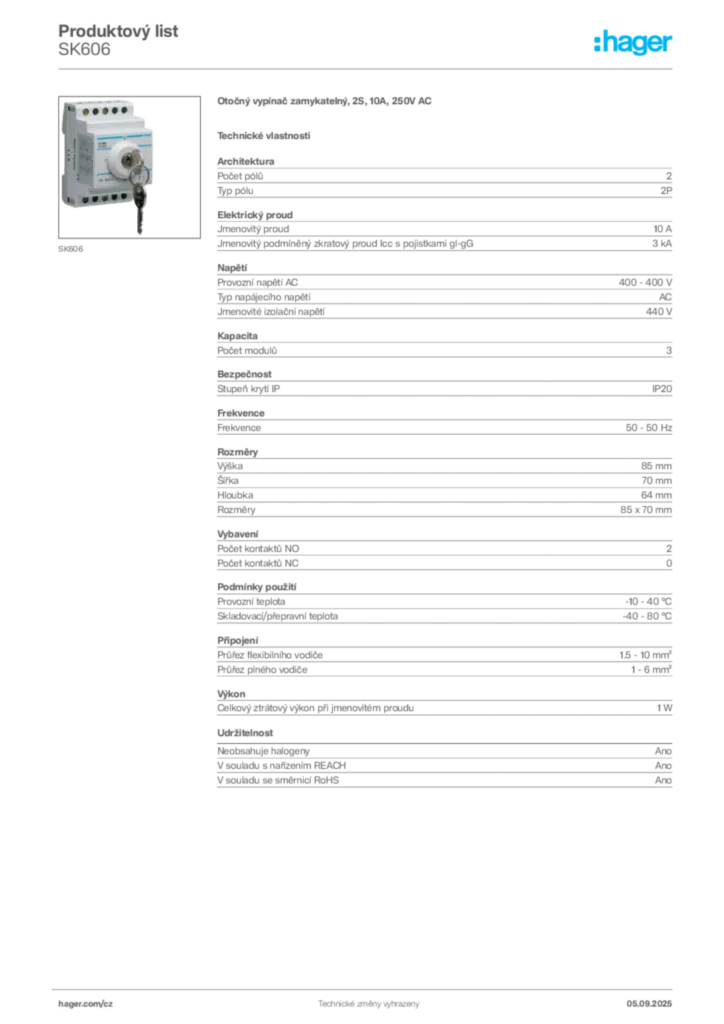 Obrázek Hager Produktový list SK606 | Hager