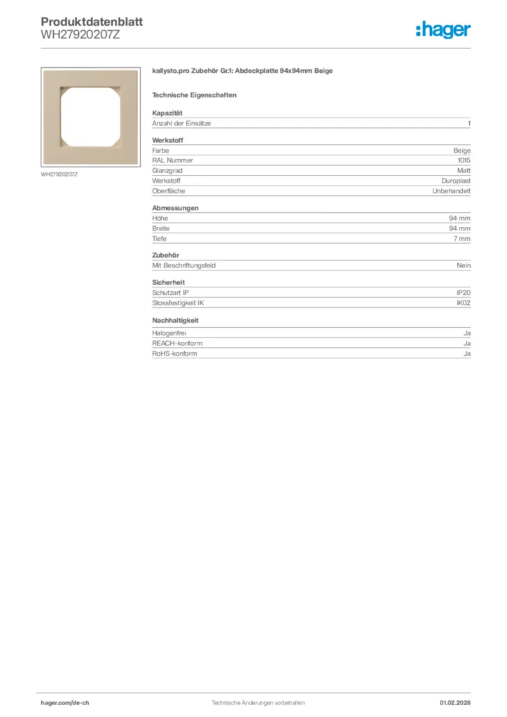 Bild Hager Produktdatenblatt WH27920207Z | Hager Schweiz