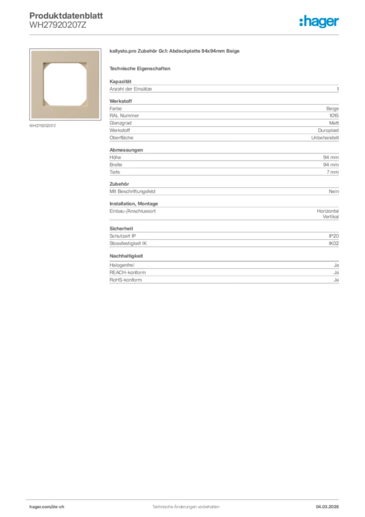 Bild Hager Produktdatenblatt WH27920207Z | Hager Schweiz