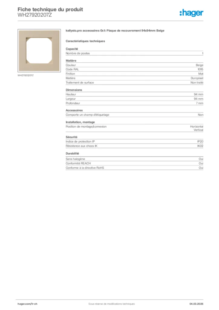 Image Hager Fiche technique du produit WH27920207Z | Hager Suisse