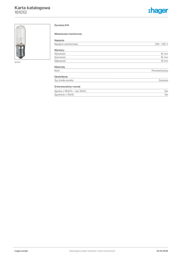 Zdjęcie Hager Karta katalogowa 161013 | Hager Polska