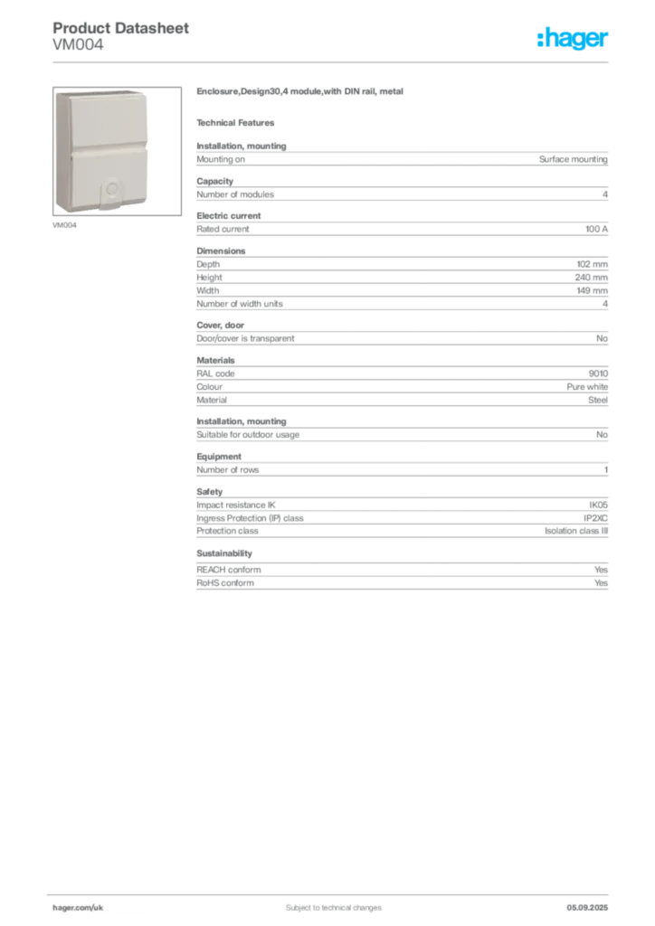 Image Hager Product data sheet VM004  | Hager
