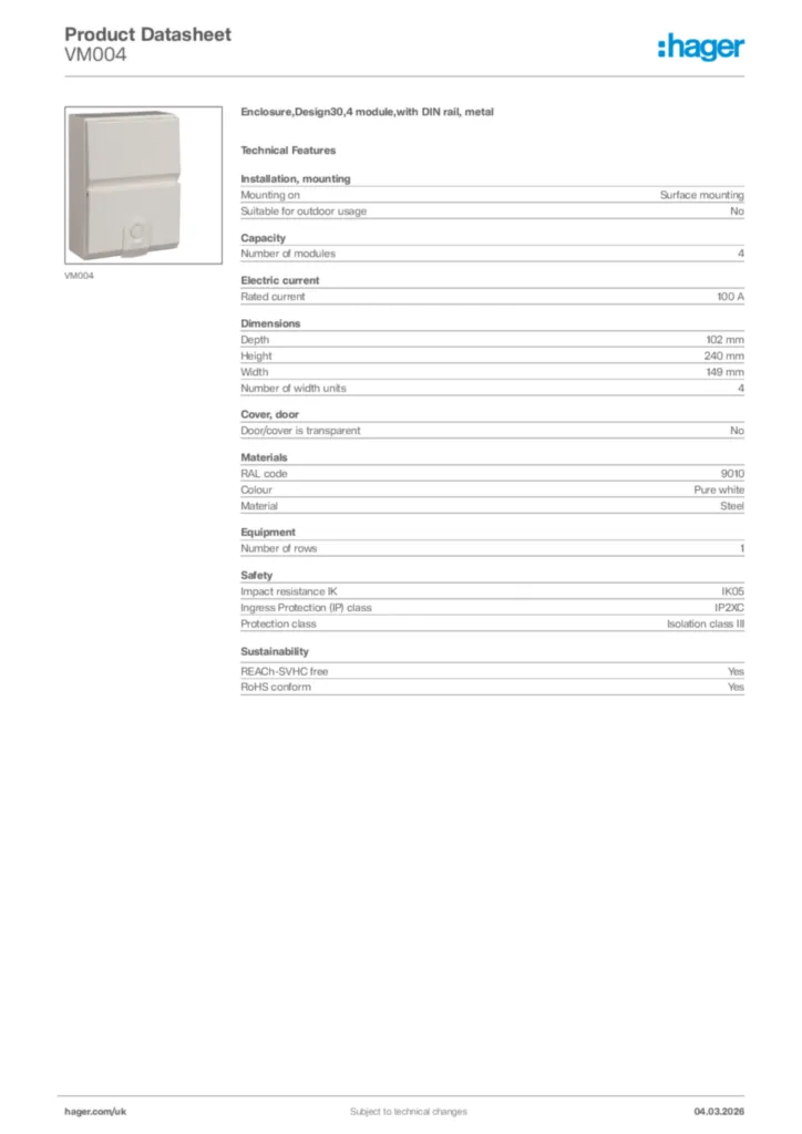 Image Hager Product data sheet VM004  | Hager