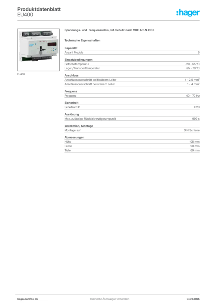 Bild Hager Produktdatenblatt EU400 | Hager Schweiz