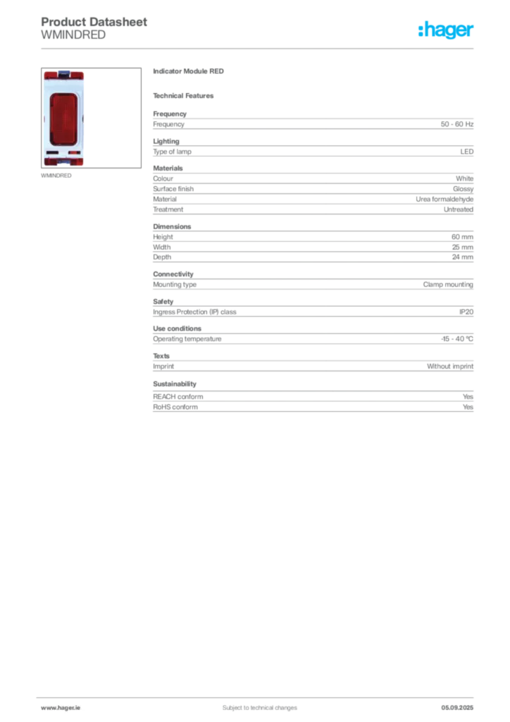 Image Hager Product data sheet WMINDRED  | Hager