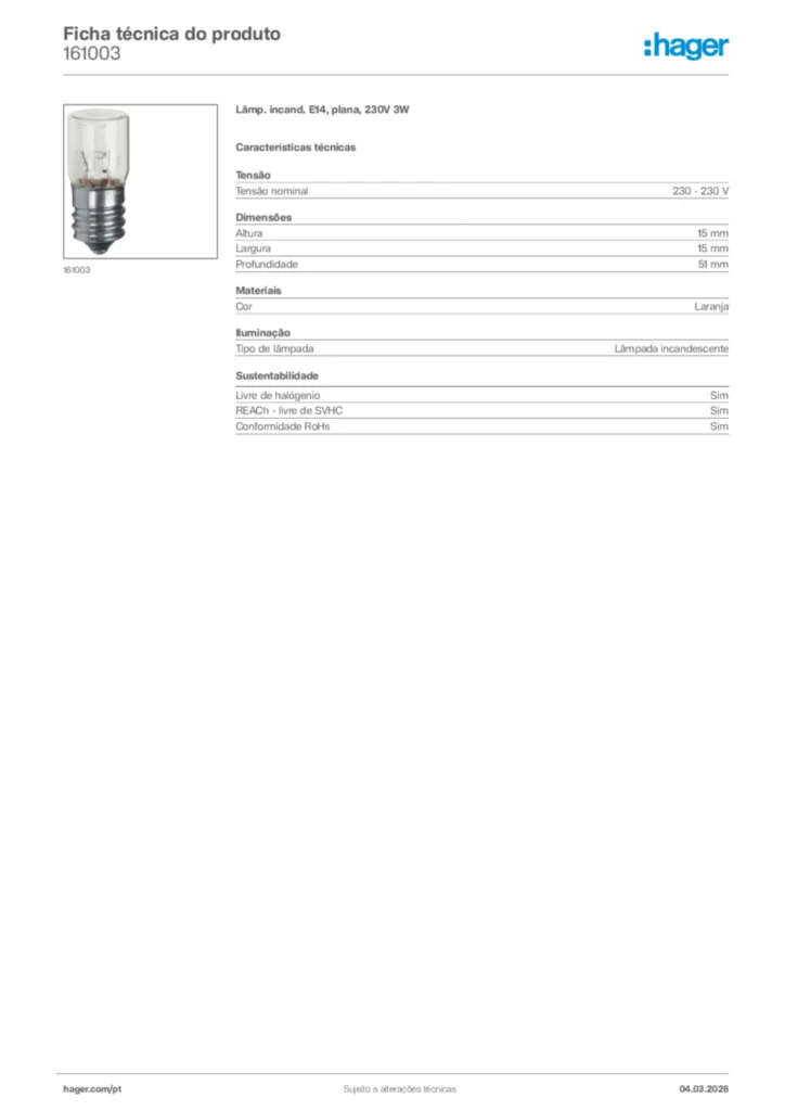 Imagem Hager Ficha técnica do produto 161003 | Hager Portugal