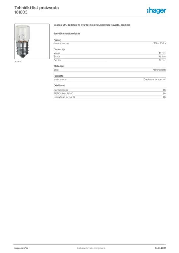Slika Hager Tehnički list proizvoda 161003  | Hager