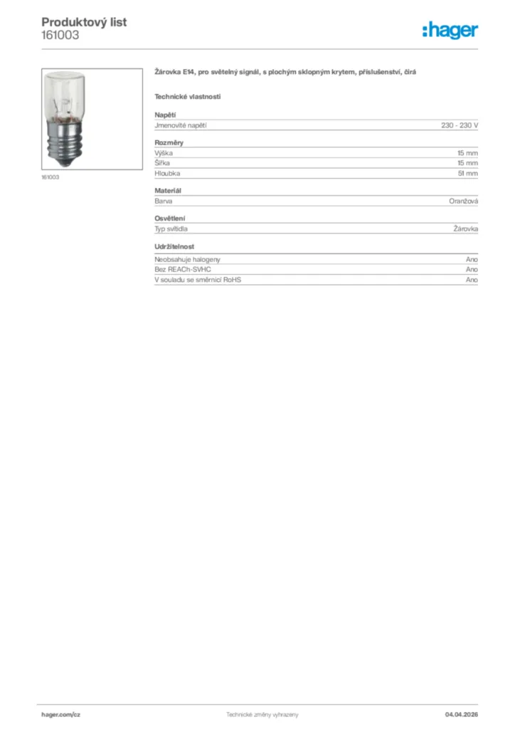 Obrázek Hager Product data sheet 161003 | Hager