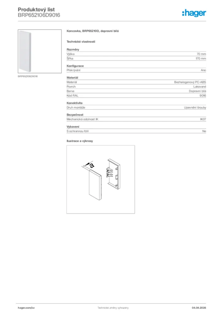 Obrázek Hager Product data sheet BRP652106D9016 | Hager