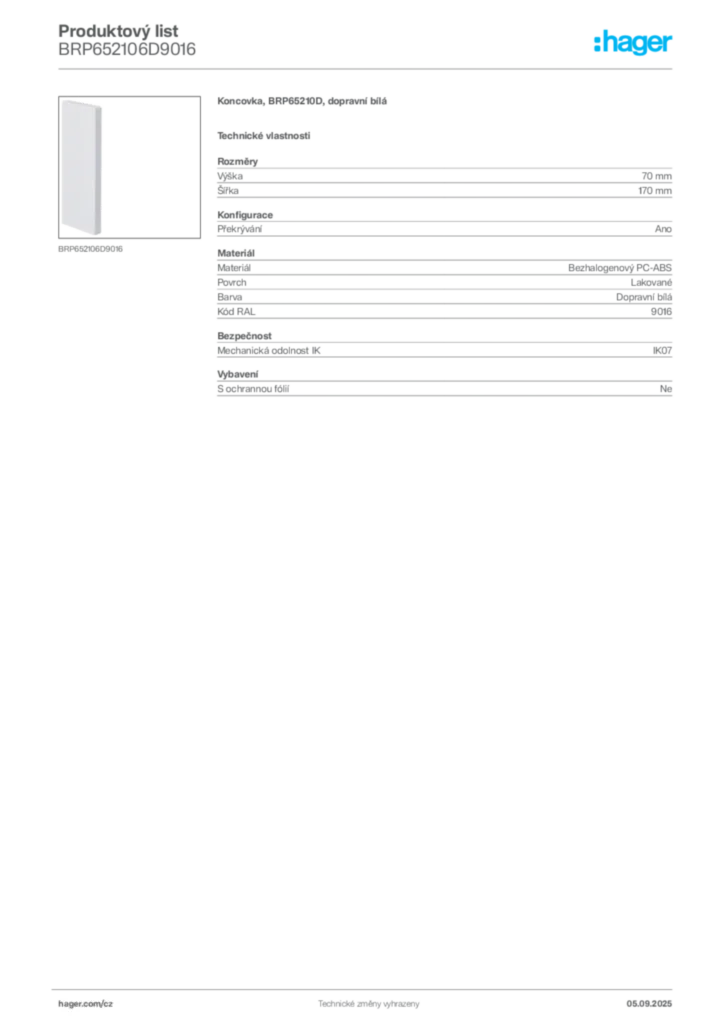Obrázek Hager Produktový list BRP652106D9016 | Hager