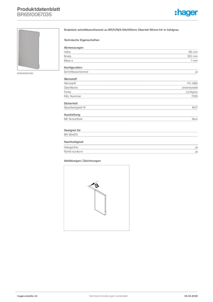 Bild Hager Produktdatenblatt BR6510067035 | Hager Schweiz