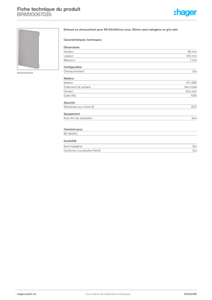 Image Hager Fiche technique du produit BR6510067035 | Hager Suisse