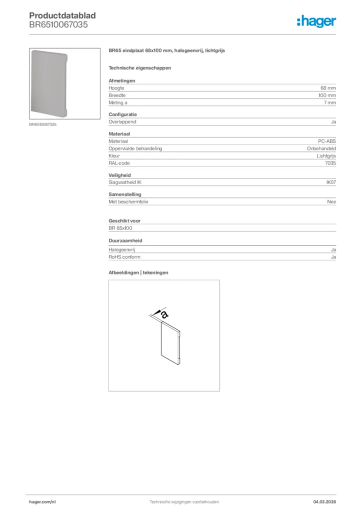 Afbeelding Hager Productdatablad BR6510067035 | Hager Nederland