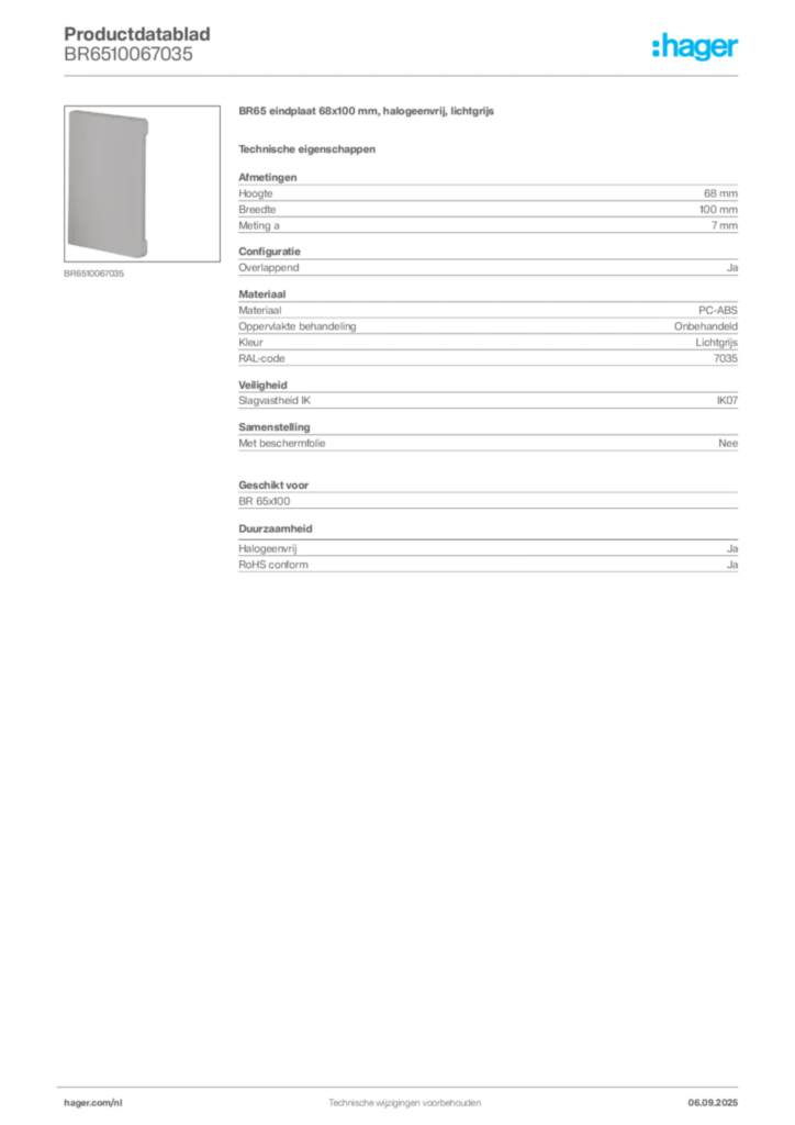 Afbeelding Hager Productdatablad BR6510067035 | Hager Nederland