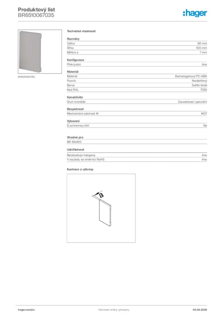 Obrázek Hager Product data sheet BR6510067035 | Hager