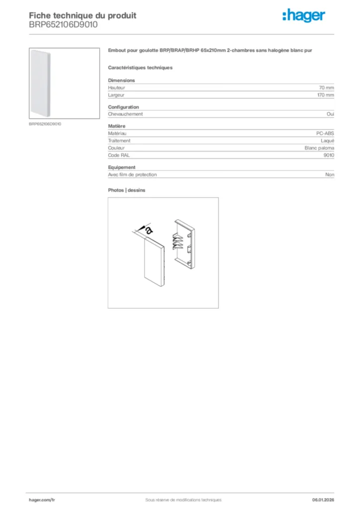 Image Hager Fiche technique du produit BRP652106D9010 | Hager France
