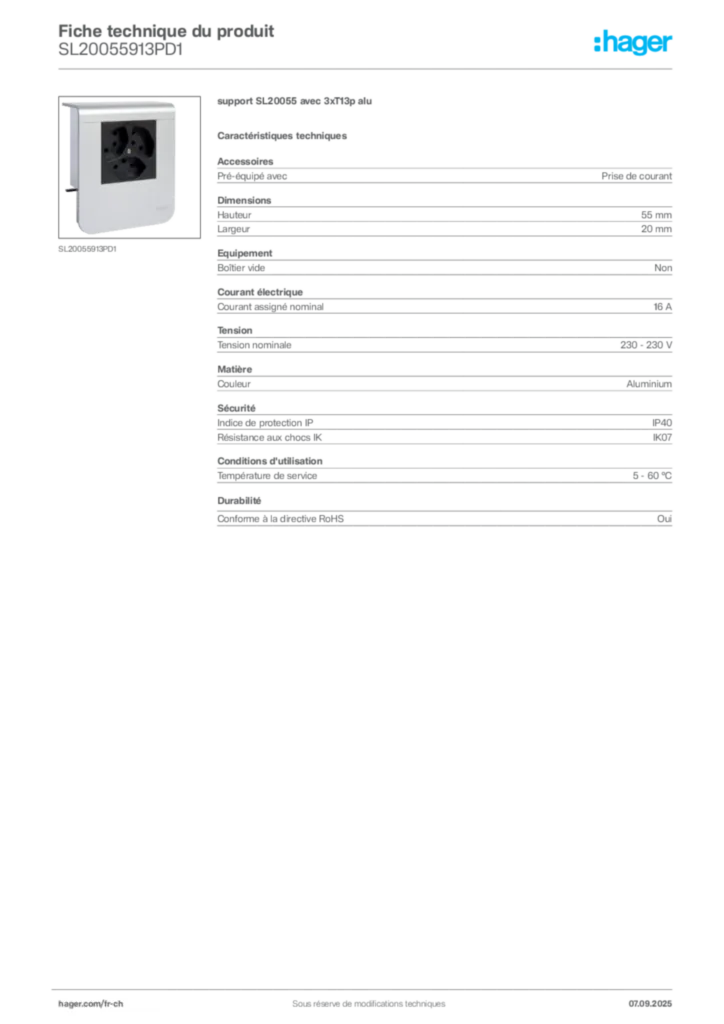Image Hager Fiche technique du produit SL20055913PD1 | Hager Suisse