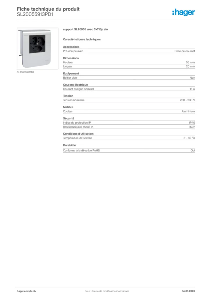 Image Hager Fiche technique du produit SL20055913PD1 | Hager Suisse