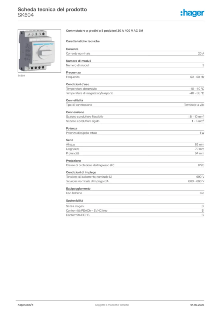 Immagine Hager Scheda tecnica del prodotto SK604 | Hager Italia
