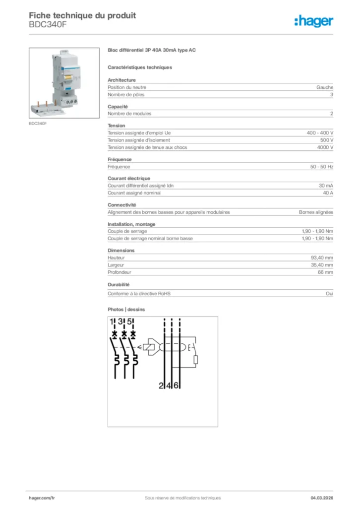 Image Hager Fiche technique du produit BDC340F | Hager France